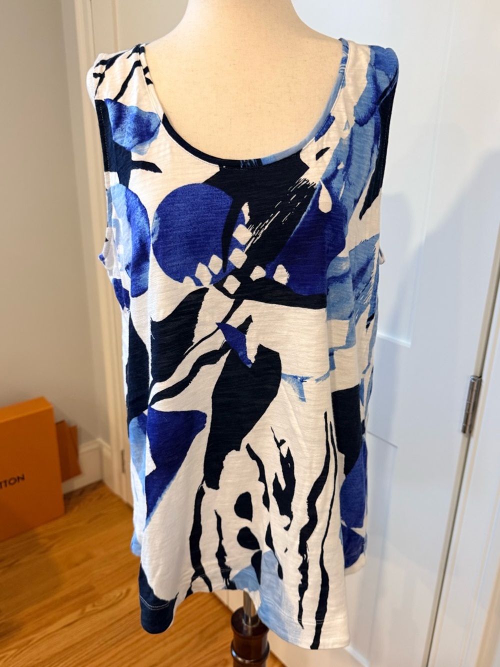 Chico's White Tank Top with Navy & Royal Blue Floral Print